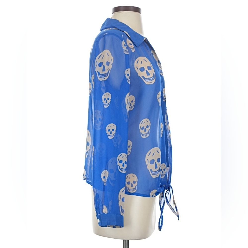 Vintage Havana Blue Skull Print Sheer Chiffon Tie Front Blouse Small - Picture 3 of 6